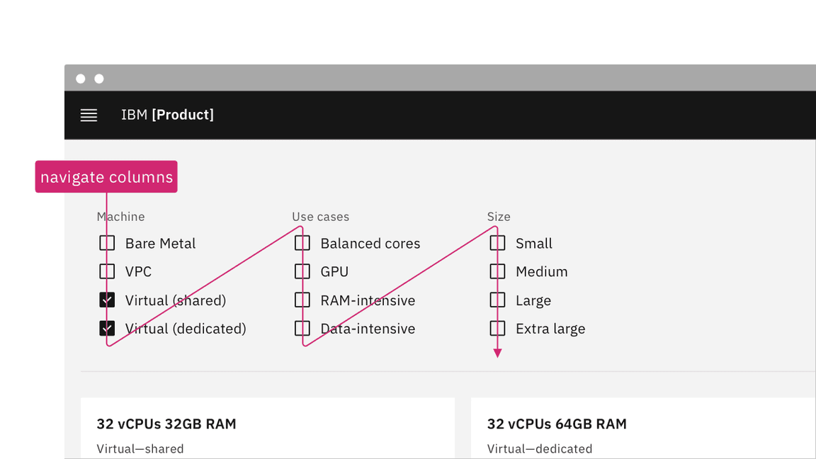 checkboxes with instruction to ‘navigate in columns'